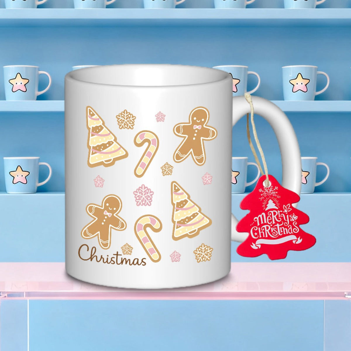 Tailorly White Ceramic 11 oz Mug - Christmas Festive Gingerbread Cookies With Candy Canes And Decorated Trees Gingerbread