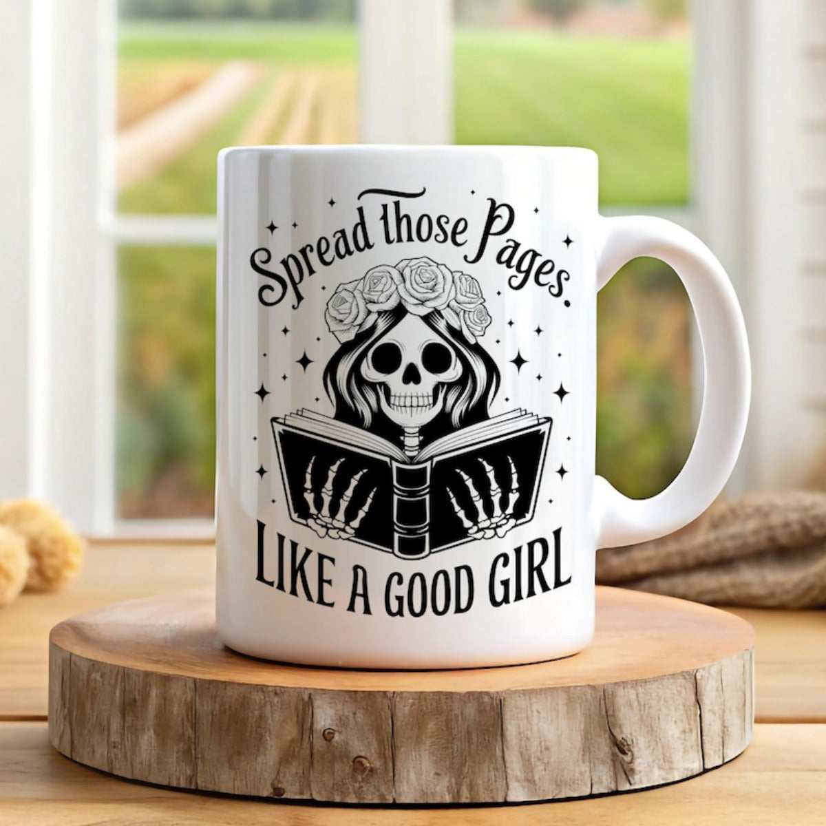 Tailorly White Ceramic 11 oz Mug - Spread Those Pages Like A Good Girl Skeletal Woman Reading Book Decorated With Flower Crown Skeleton