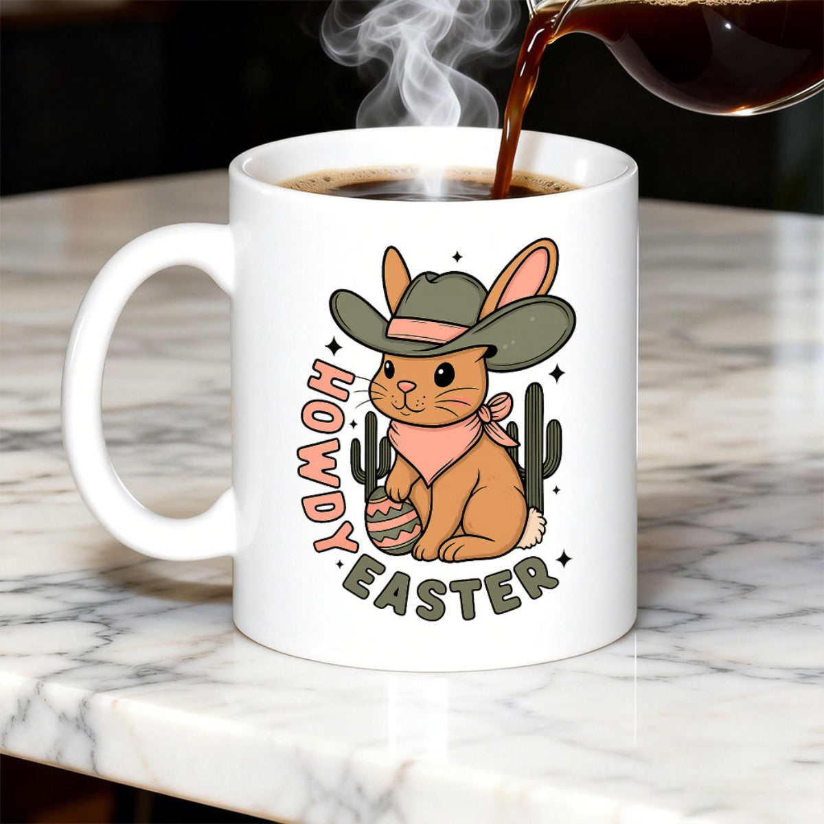 Tailorly White Ceramic 11 oz Mug - Howdy Easter Western Style Bunny Wearing Green Cowboy Hat Surrounded By Desert Cacti Rabbit