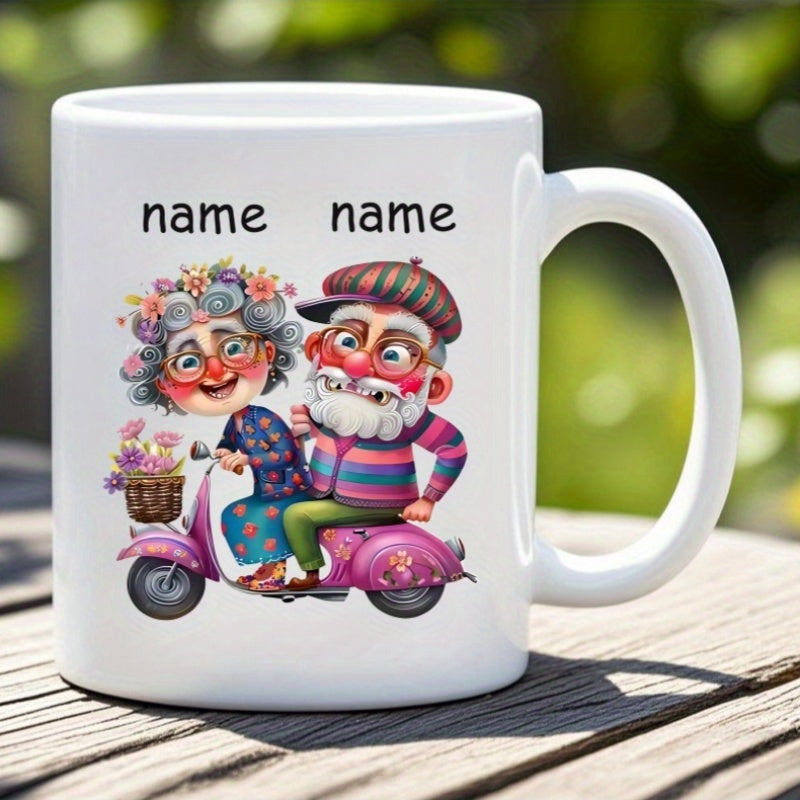 Tailorly White Ceramic 11 oz Mug - Name Name Cute Elderly Couple Riding A Pink Scooter Carrying Flowers In Spring Couple