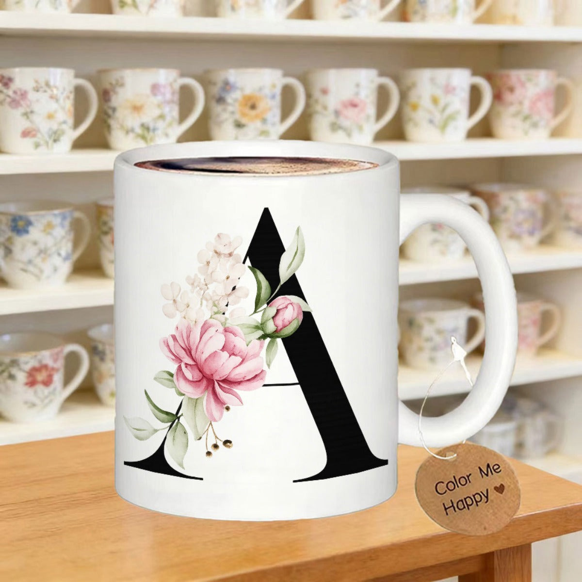 Tailorly White Ceramic 11 oz Mug - Color Me Happy Elegant Black Serif Initial With Pink Peonies And Leaves Letter A