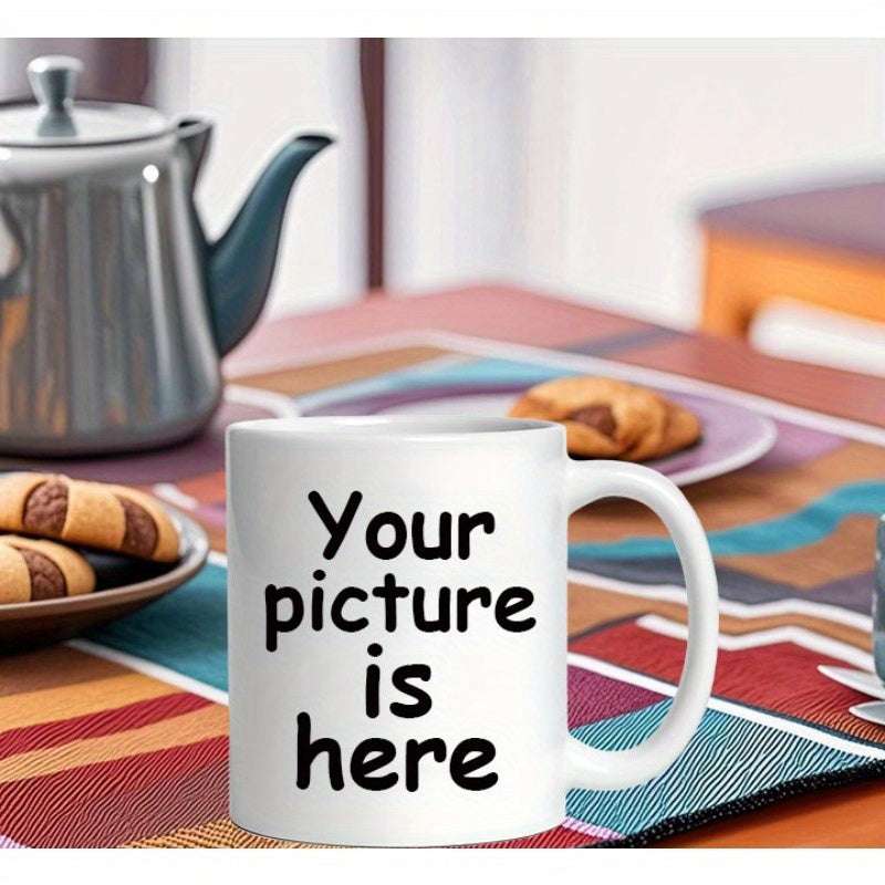 Tailorly White Ceramic 11 oz Mug - Your Picture Is Here Minimalist White Ceramic Coffee Cup Standing On Colorful Striped Tablecloth Mug