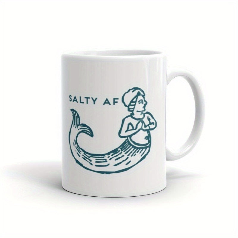 Tailorly White Ceramic 11 oz Mug - Salty AF Vintage Blue Woodcut Style Illustration Of A Mythical Sea Mermaid