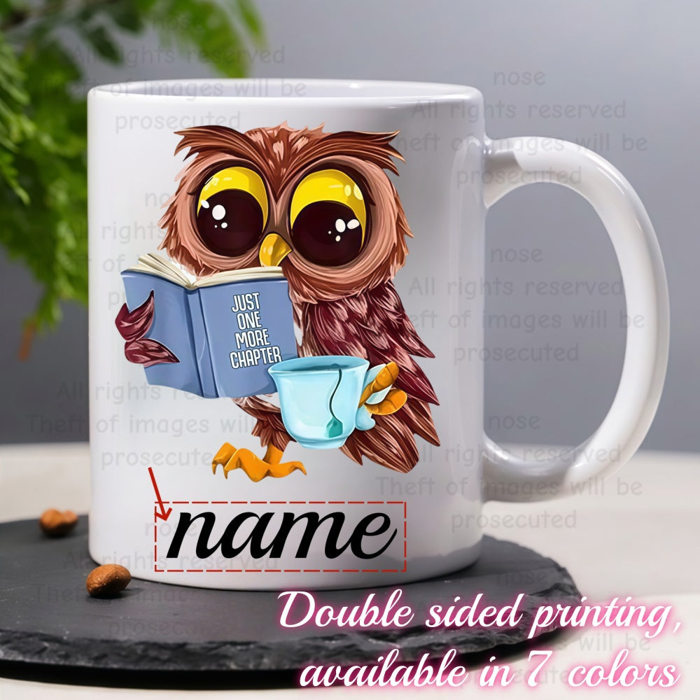 Tailorly White Ceramic 11 oz Mug - Just One More Chapter Adorable Brown Cartoon Owl Reading A Book Under Soft Light Owl