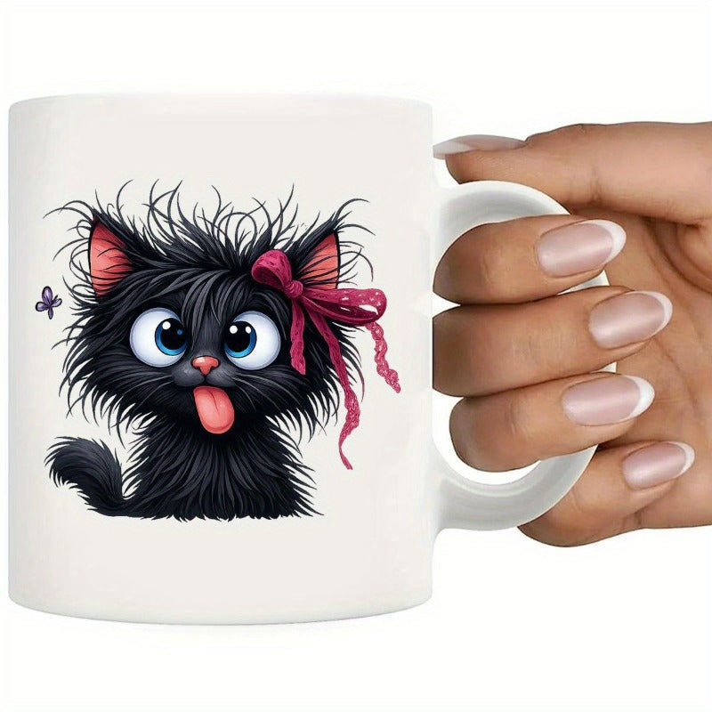 Tailorly White Ceramic 11 oz Mug - Fluffy Messy Black Fur With Pink Ribbon Bow Sticking Out Tongue Cat