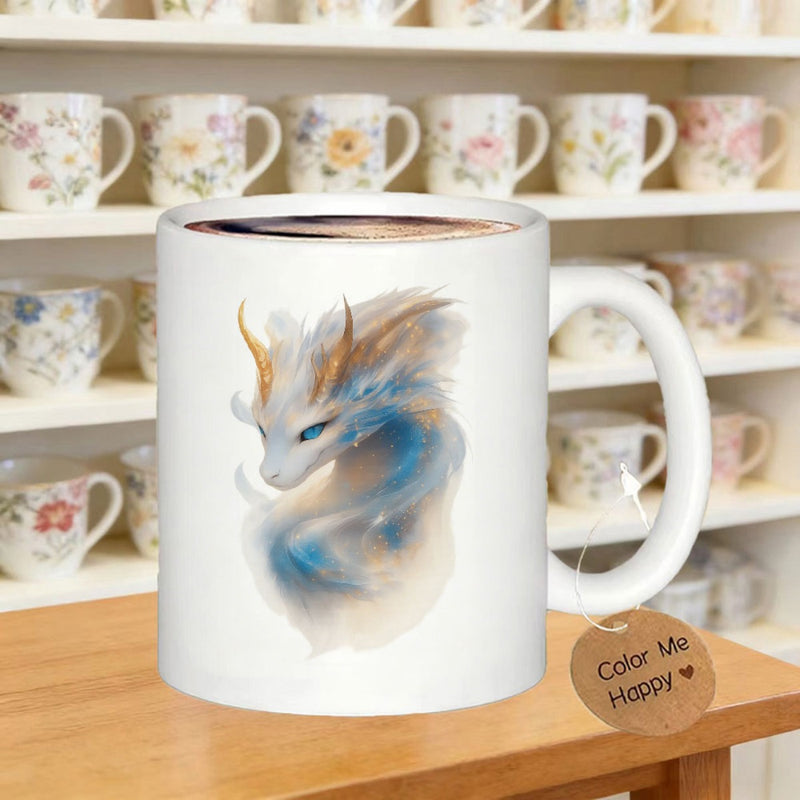 Tailorly White Ceramic 11 oz Mug - Color Me Happy Majestic Ethereal Fantasy Beast With Golden Horns And Blue Wisps Dragon