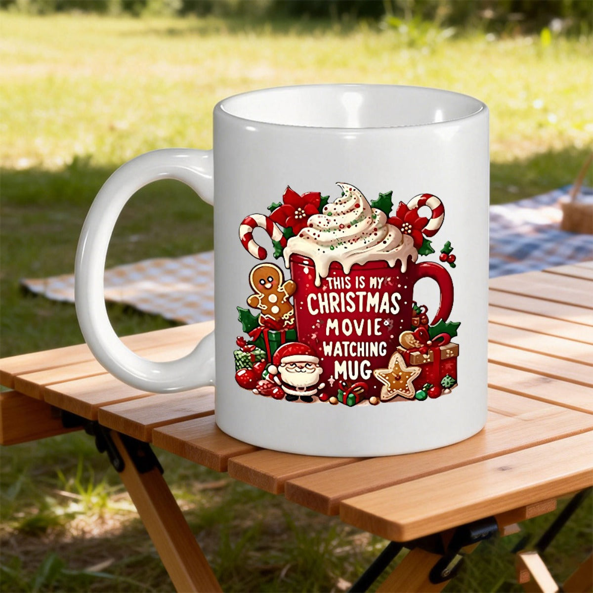 Tailorly White Ceramic 11 oz Mug - This Is My Christmas Movie Watching Mug Festive Red Cup Overflowing With Whipped Cream Santa Gingerbread Man Mug