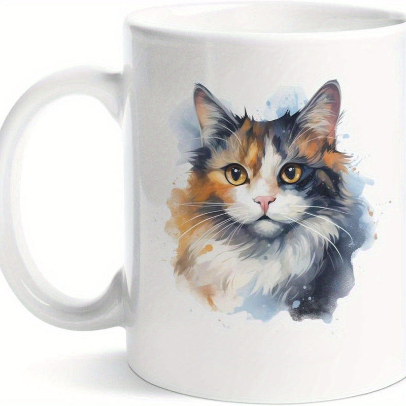 Tailorly White Ceramic 11 oz Mug - Watercolor Style Portrait With Vibrant Calico Colors And Artistic Splatters Cat