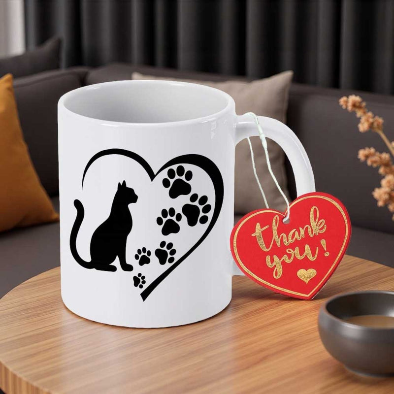 Tailorly White Ceramic 11 oz Mug - Thank You Black Silhouette With Paw Prints Inside A Decorative Heart Cat