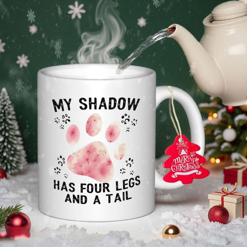 Tailorly White Ceramic 11 oz Mug - My Shadow Has Four Legs And A Tail Artistic Watercolor Style Pink Animal Print Surrounded By Delicate Small Black Tracks Paw