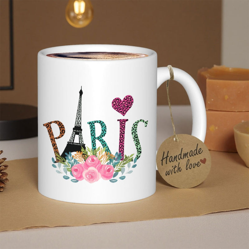 Tailorly White Ceramic 11 oz Mug - Paris Artistic Lettering With Colorful Animal Prints And Blooming Pink Roses Tower