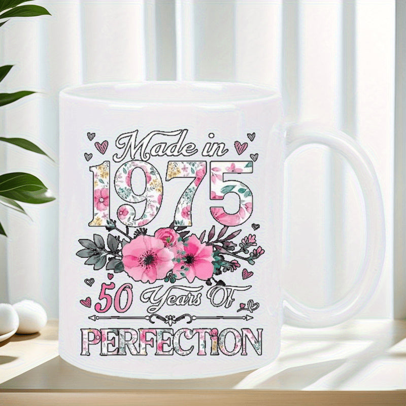 Tailorly White Ceramic 11 oz Mug - Made In 1975 50 Years Of Perfection Pink Flowers Blooming Among Intricate Floral Patterns And Decorative Hearts Flower
