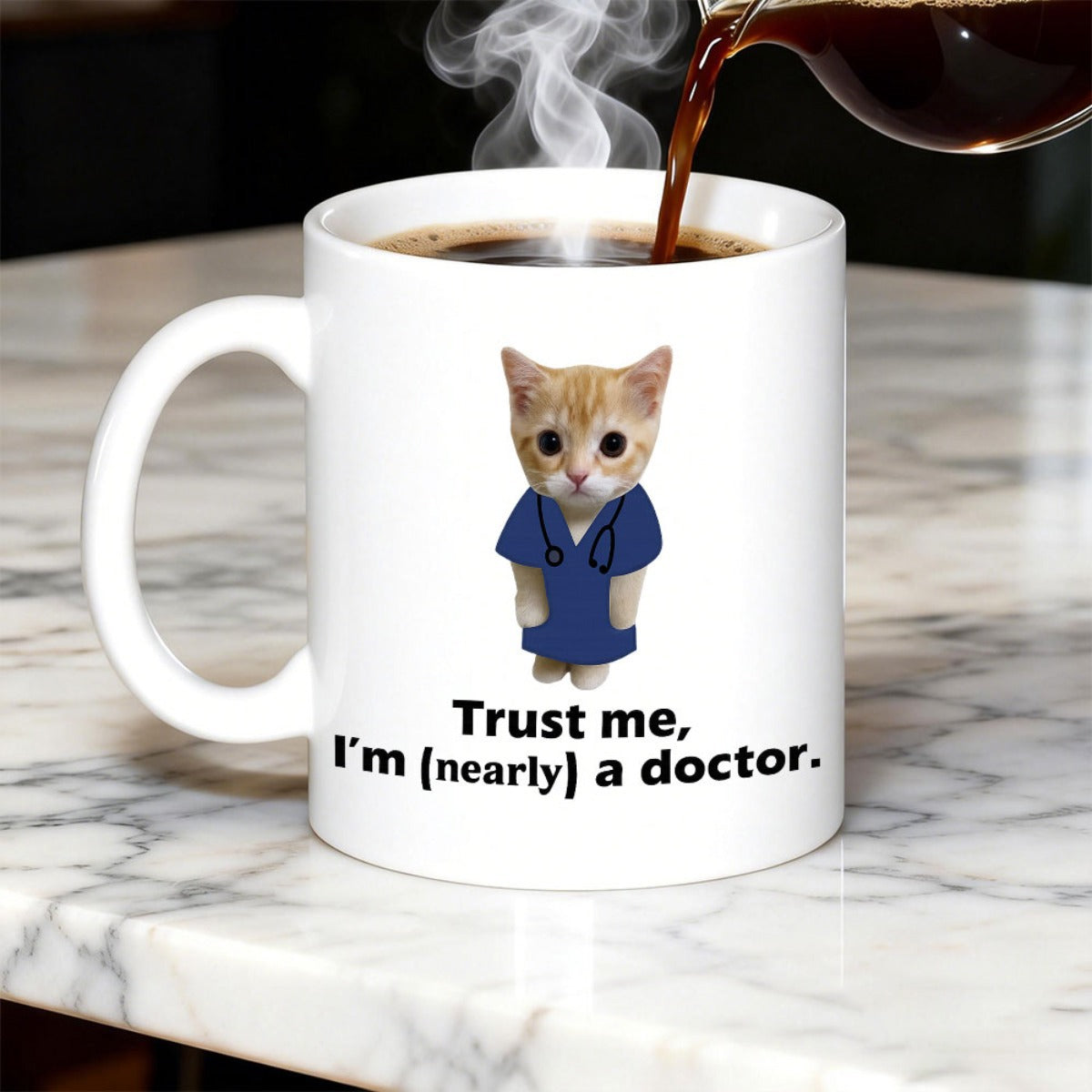 Tailorly White Ceramic 11 oz Mug - Trust Me Im Nearly A Doctor Wearing Blue Medical Scrubs With A Stethoscope Standing Straight Cute Kitten