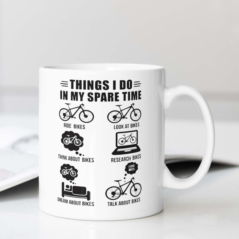 Tailorly White Ceramic 11 oz Mug - Things I Do In My Spare Time Minimalist Black Outlined Icons Depicting Various Daily Hobby Activities Cycling Bicycle