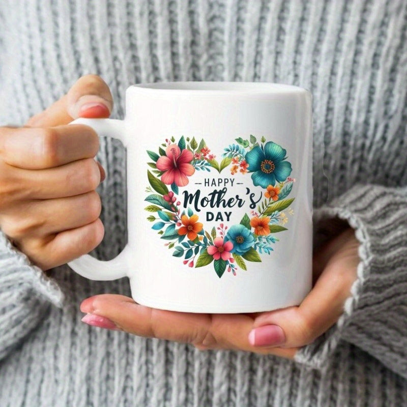 Tailorly White Ceramic 11 oz Mug - Happy Mother's Day Elegant Floral Arrangement With Vibrant Colorful Blossoms Inside A Decorative Heart
