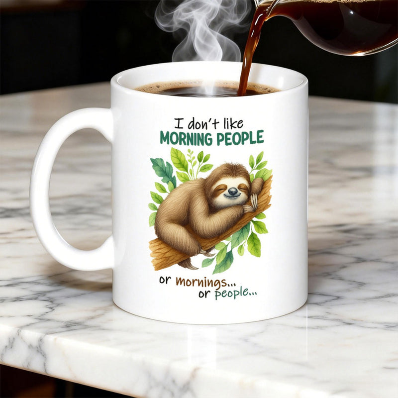 Tailorly White Ceramic 11 oz Mug - I Don't Like Morning People Or Mornings Or People Sleeping Peaceful Animal Resting On A Branch Among Green Leaves Sloth