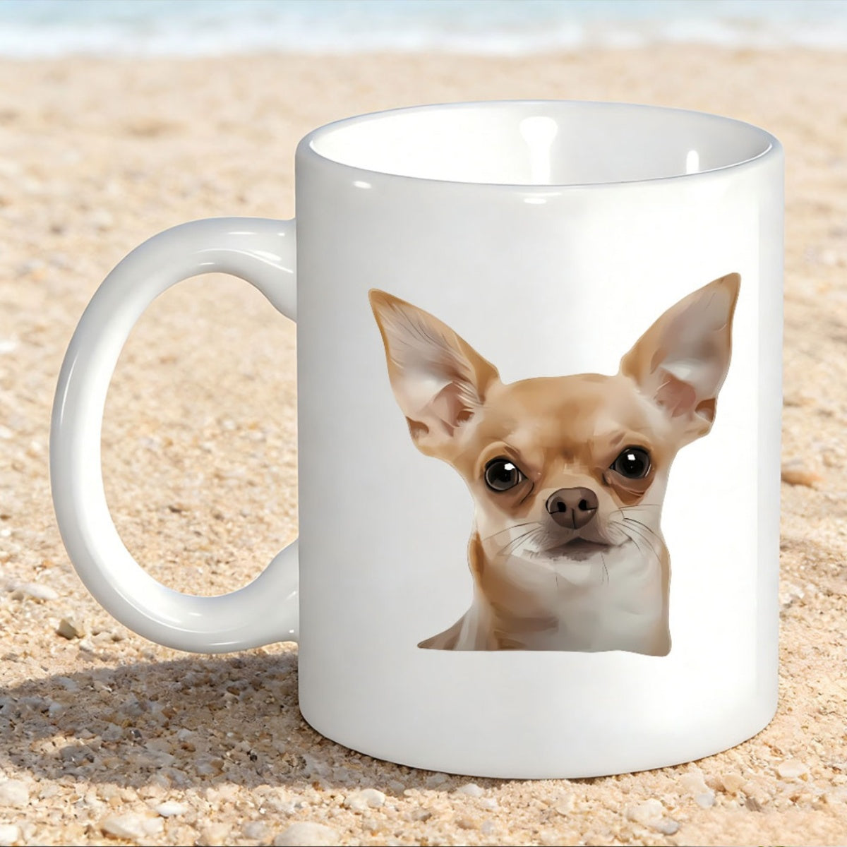 Tailorly White Ceramic 11 oz Mug - Realistic Tan Short Haired Dog Portrait With Alert Pointed Ears Chihuahua