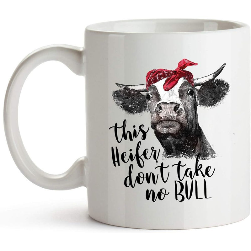 Tailorly White Ceramic 11 oz Mug - This Heifer Don't Take No Bull Rustic Country Style Heifer Wearing A Vibrant Red Knotted Headband Cow
