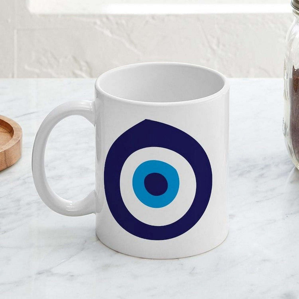 Tailorly White Ceramic 11 oz Mug - Traditional Blue Concentric Circles Forming A Protective Mediterranean Nazar