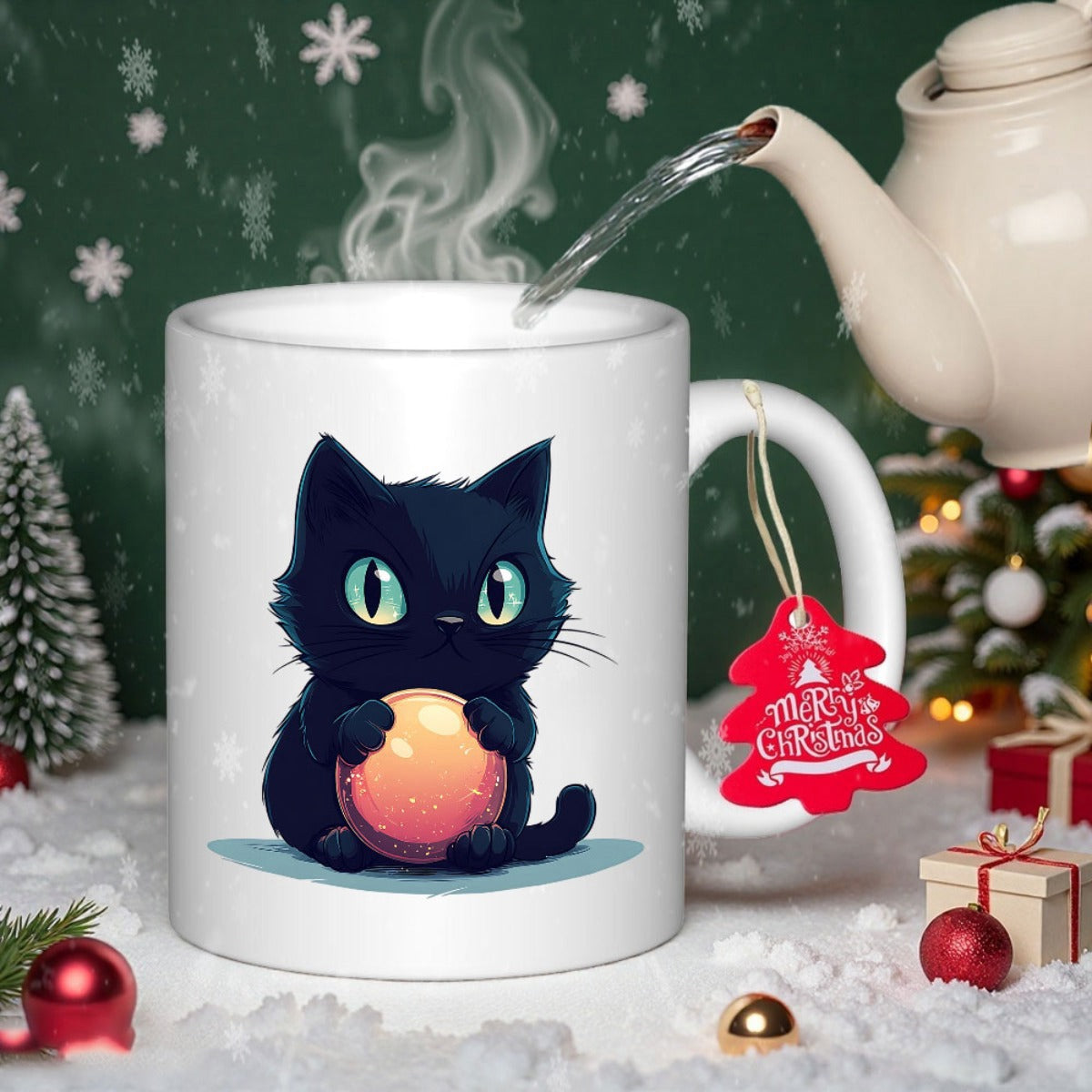 Tailorly White Ceramic 11 oz Mug - Merry Christmas Adorable Black Kitten Holding Glowing Ornament Sitting In Snowy Winter Scene Cat