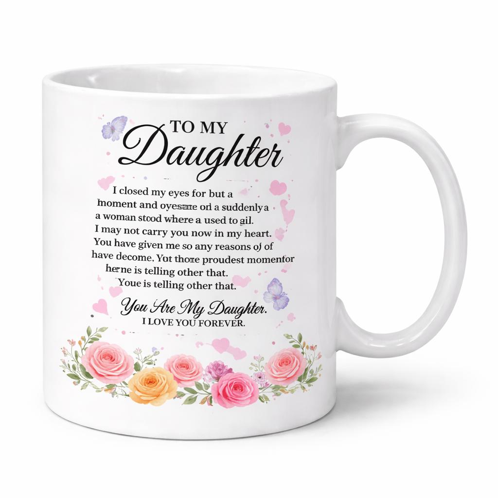 Tailorly White Ceramic 11 oz Mug - To My Daughter You Are My Daughter I Love You Forever Blooming Pink And Yellow Roses Among Delicate Fluttering Purple