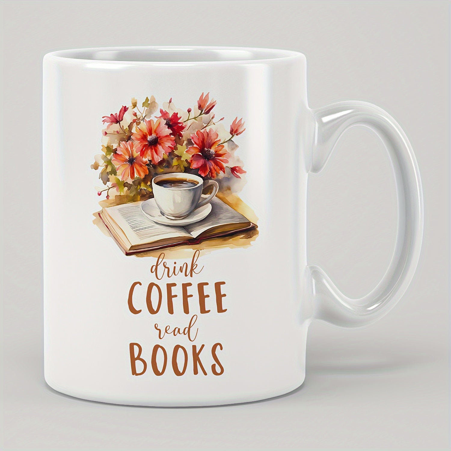 Tailorly White Ceramic 11 oz Mug - Drink Coffee Read Books Vibrant Watercolor Blossoms Resting Over Open Book And Steaming Cup Flower