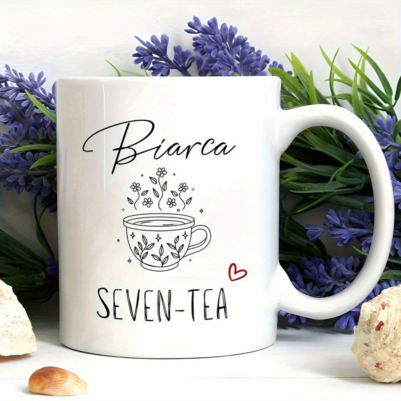 Tailorly White Ceramic 11 oz Mug - Bianca Seven Tea Delicate Floral Illustrations Rising From A Decorative Minimalist Teacup
