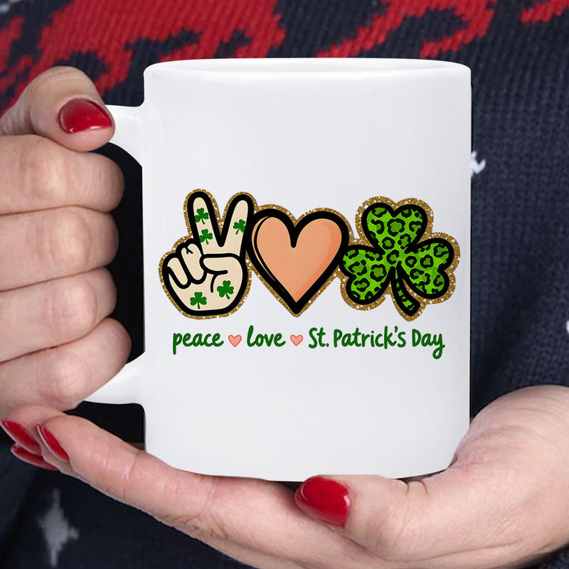Tailorly White Ceramic 11 oz Mug - Peace Love St Patricks Day Festive Green Leopard Print Shamrock With Peace Sign And Heart Shamrock