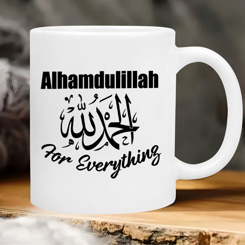 Tailorly White Ceramic 11 oz Mug - Alhamdulillah For Everything Minimalist Typography Featuring Traditional Arabic Calligraphy Over