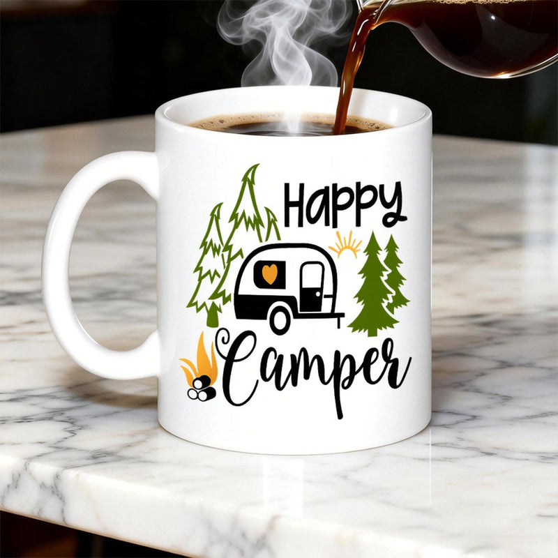 Tailorly White Ceramic 11 oz Mug - Happy Camper Vintage Trailer Parked Among Evergreen Forest Trees Under Small Sun Camper
