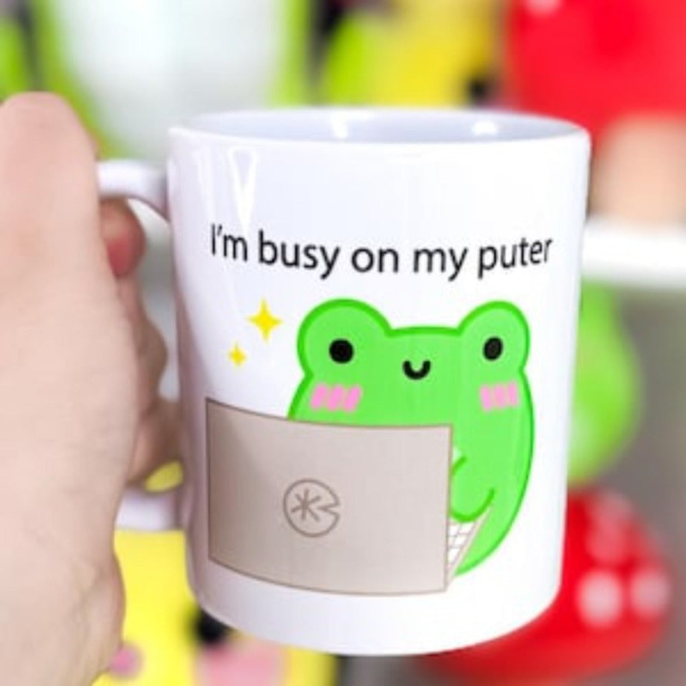 Tailorly White Ceramic 11 oz Mug - Im Busy On My Puter Cute Green Kawaii Character Using Laptop With Twinkling Stars Frog