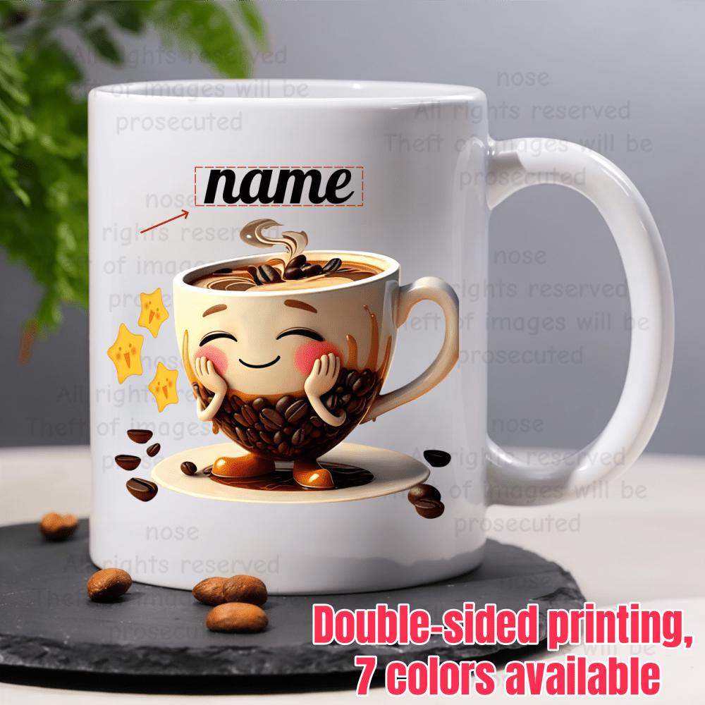 Tailorly White Ceramic 11 oz Mug - Name Adorable Smiling Coffee Character Surrounded By Beans And Shining Yellow Stars Cup