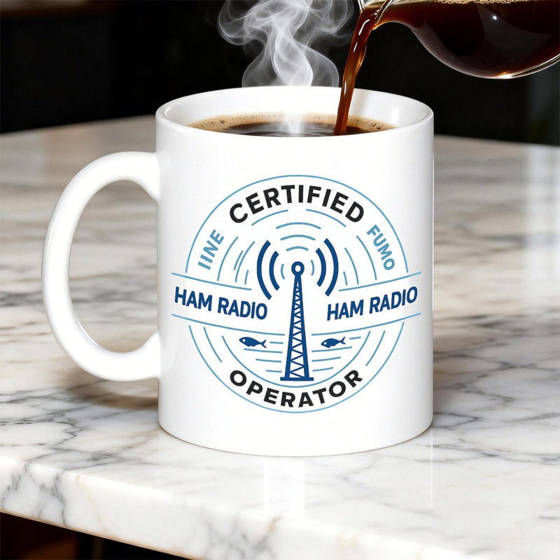 Tailorly White Ceramic 11 oz Mug - Certified Ham Radio Operator Ham Radio Circular Vintage Style Emblem Featuring Transmission Tower Emitting Powerful Signal Waves