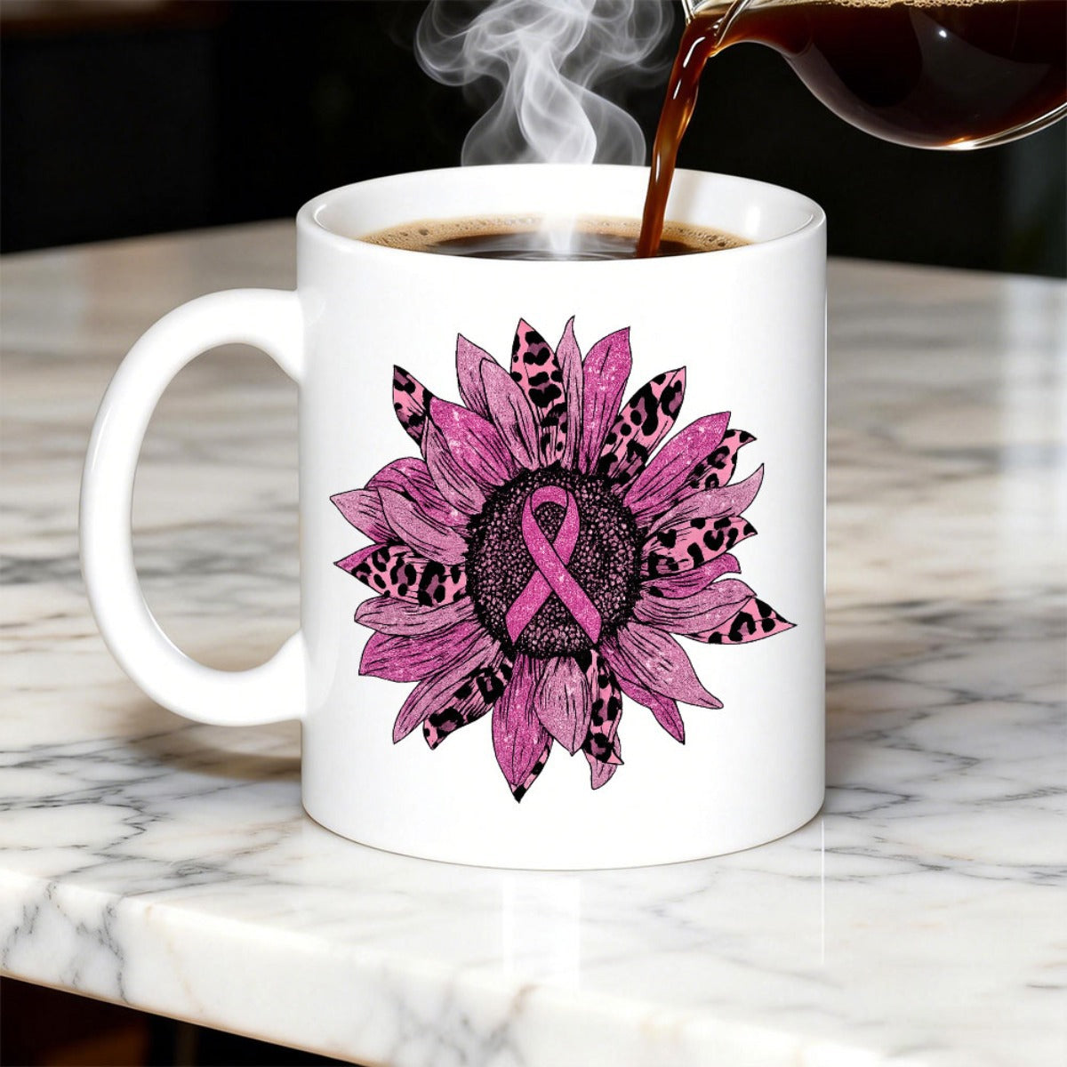Tailorly White Ceramic 11 oz Mug - Artistic Blooming Pink Petals With Leopard Pattern Surrounding Awareness Ribbon Sunflower