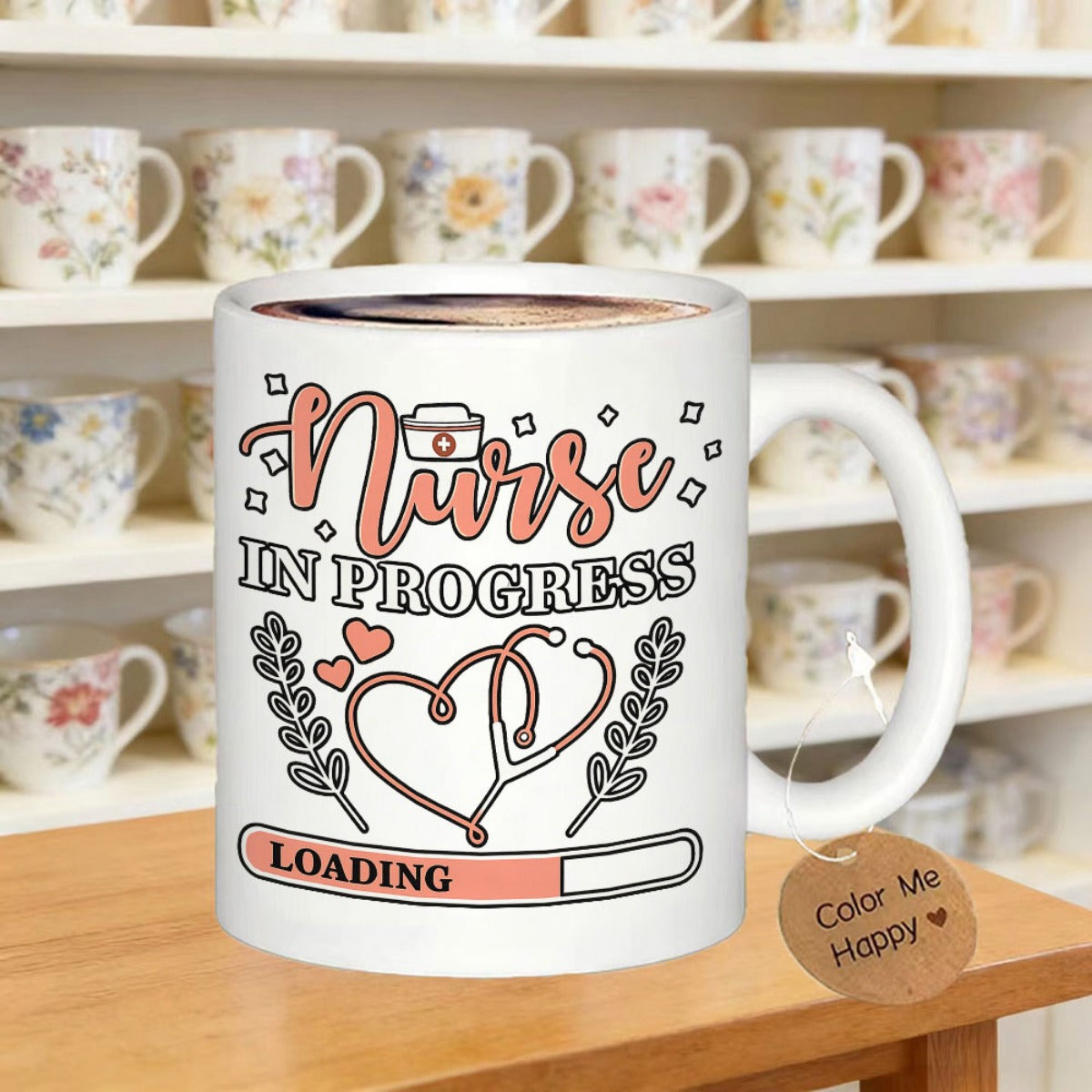 Tailorly White Ceramic 11 oz Mug - Nurse In Progress Loading Heart Shaped Stethoscope Among Tiny Hearts And Decorative Leaves Stethoscope