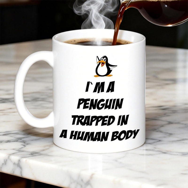 Tailorly White Ceramic 11 oz Mug - I Am A Penguin Trapped In A Human Body Cute Little Cartoon Bird Holding A Tiny Fresh Fish Penguin