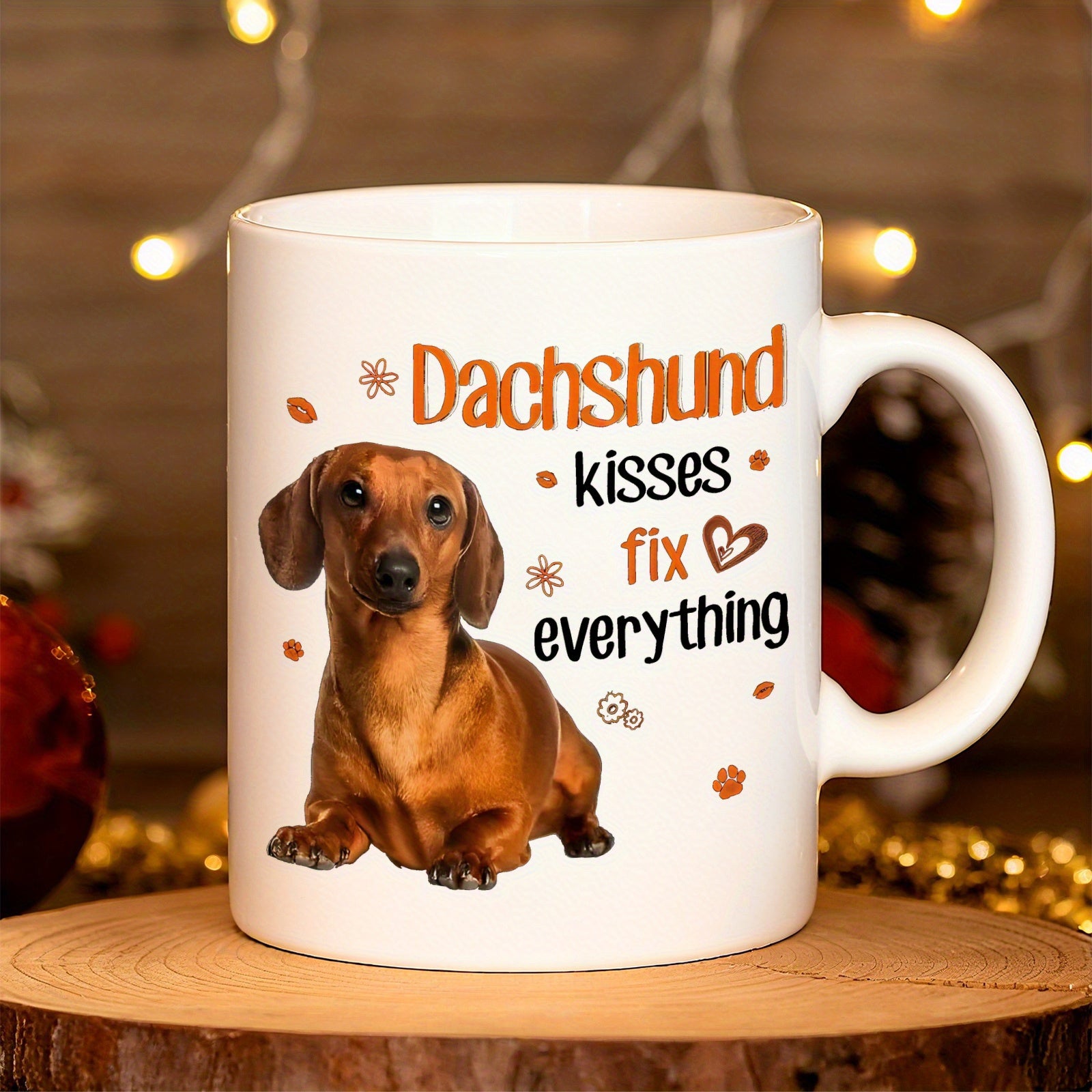 Tailorly White Ceramic 11 oz Mug - Dachshund Kisses Fix Everything Adorable Brown Short Haired Dog Sitting Calmly On White Surface Dachshund