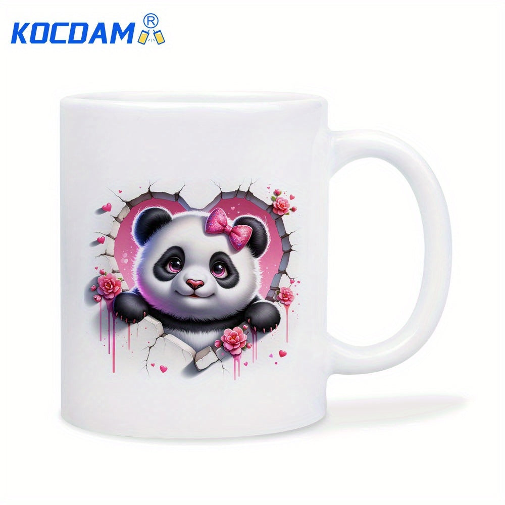 Tailorly White Ceramic 11 oz Mug - Adorable Cartoon Character Peeking Through Heart Shape With Pink Roses Panda