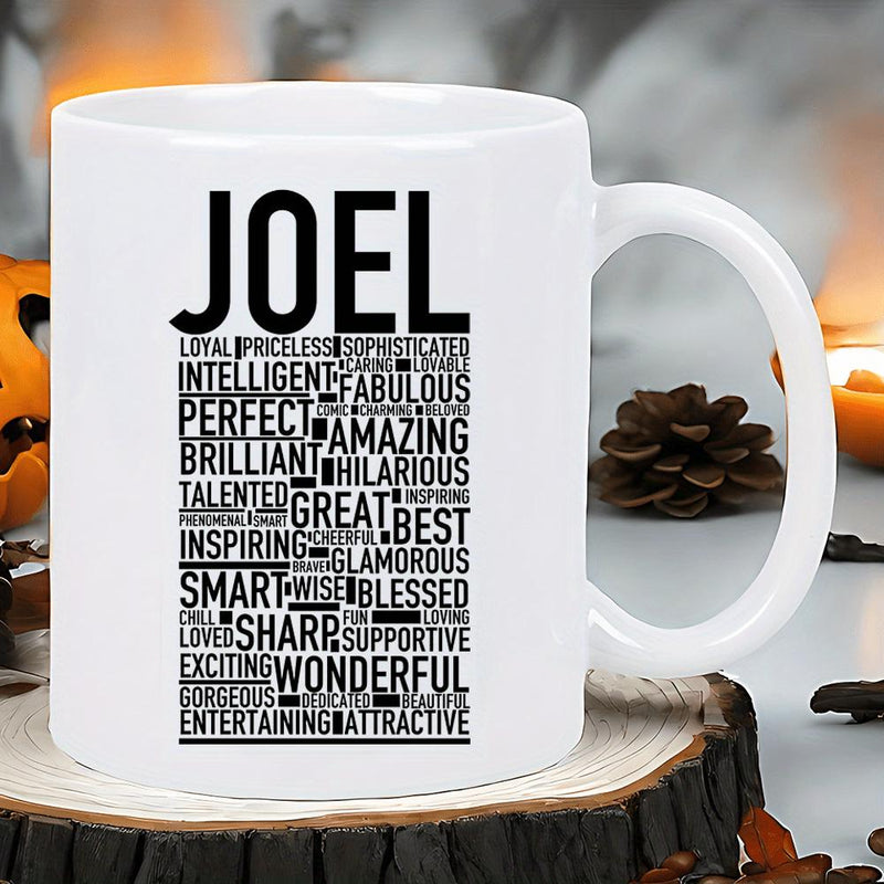 Tailorly White Ceramic 11 oz Mug - Joel Minimalist Typography Design With Inspirational Adjectives On Smooth
