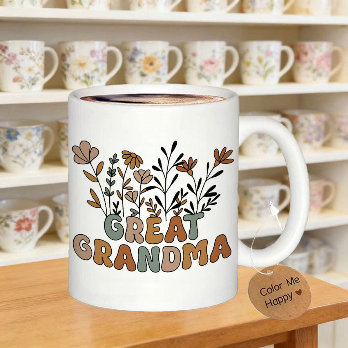 Tailorly White Ceramic 11 oz Mug - Great Grandma Minimalist Earthy Toned Wild Flowers Growing From Retro Style Lettering Mug