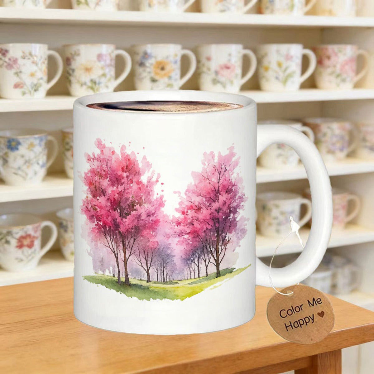 Tailorly White Ceramic 11 oz Mug - Color Me Happy Elegant Watercolor Vibrant Pink Foliage Blooming In Springtime Nature Tree