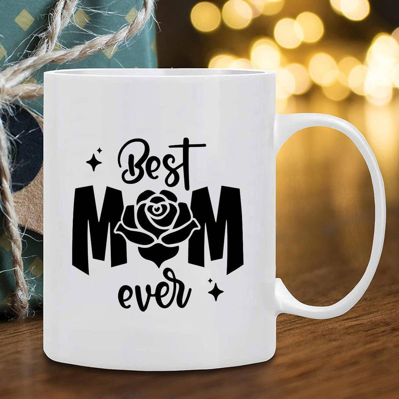 Tailorly White Ceramic 11 oz Mug - Best Mom Ever Artistic Floral Rose Graphic Integrated Within Bold Decorative Lettering Mom