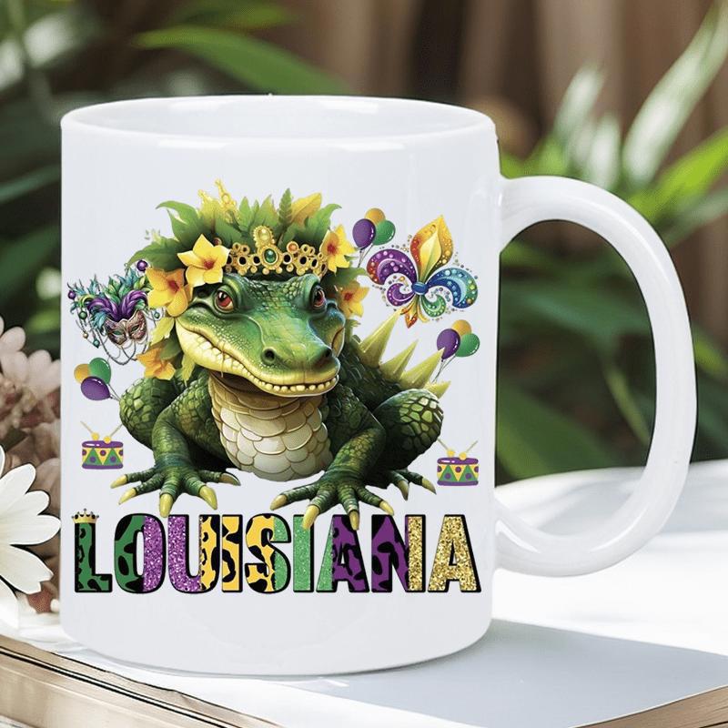 Tailorly White Ceramic 11 oz Mug - Louisiana Festive Cartoon Reptile Wearing Floral Crown Among Colorful Mardi Gras Decorations Alligator
