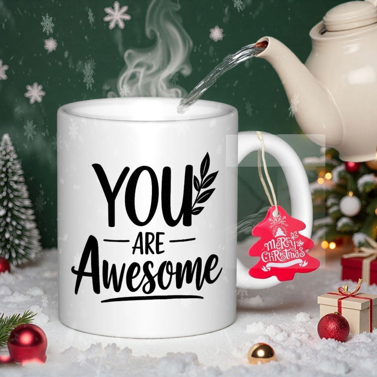 Tailorly White Ceramic 11 oz Mug - You Are Awesome White Ceramic Body Featuring Minimalist Elegant Black Leaf Branch Mug