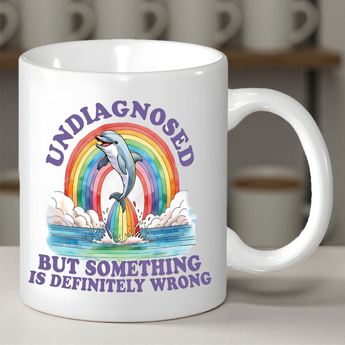 Tailorly White Ceramic 11 oz Mug - Undiagnosed But Something Is Definitely Wrong Vibrant Colorful Rainbow Arching Over Ocean Waves With Fluffy Clouds And Jumping