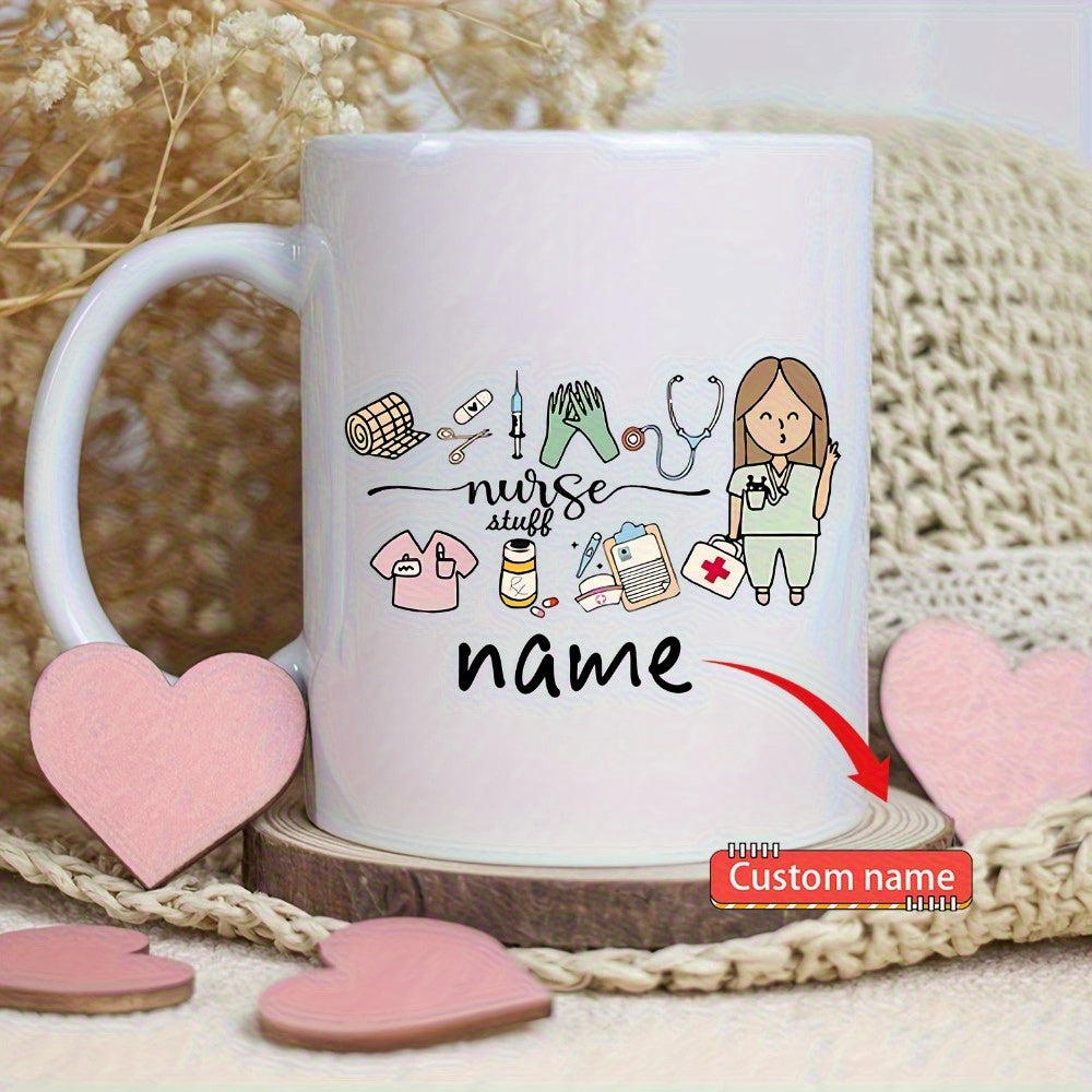 Tailorly White Ceramic 11 oz Mug - Nurse Stuff Cute Medical Icons Featuring A Professional Cartoon Lady Holding Medical Supplies Mug