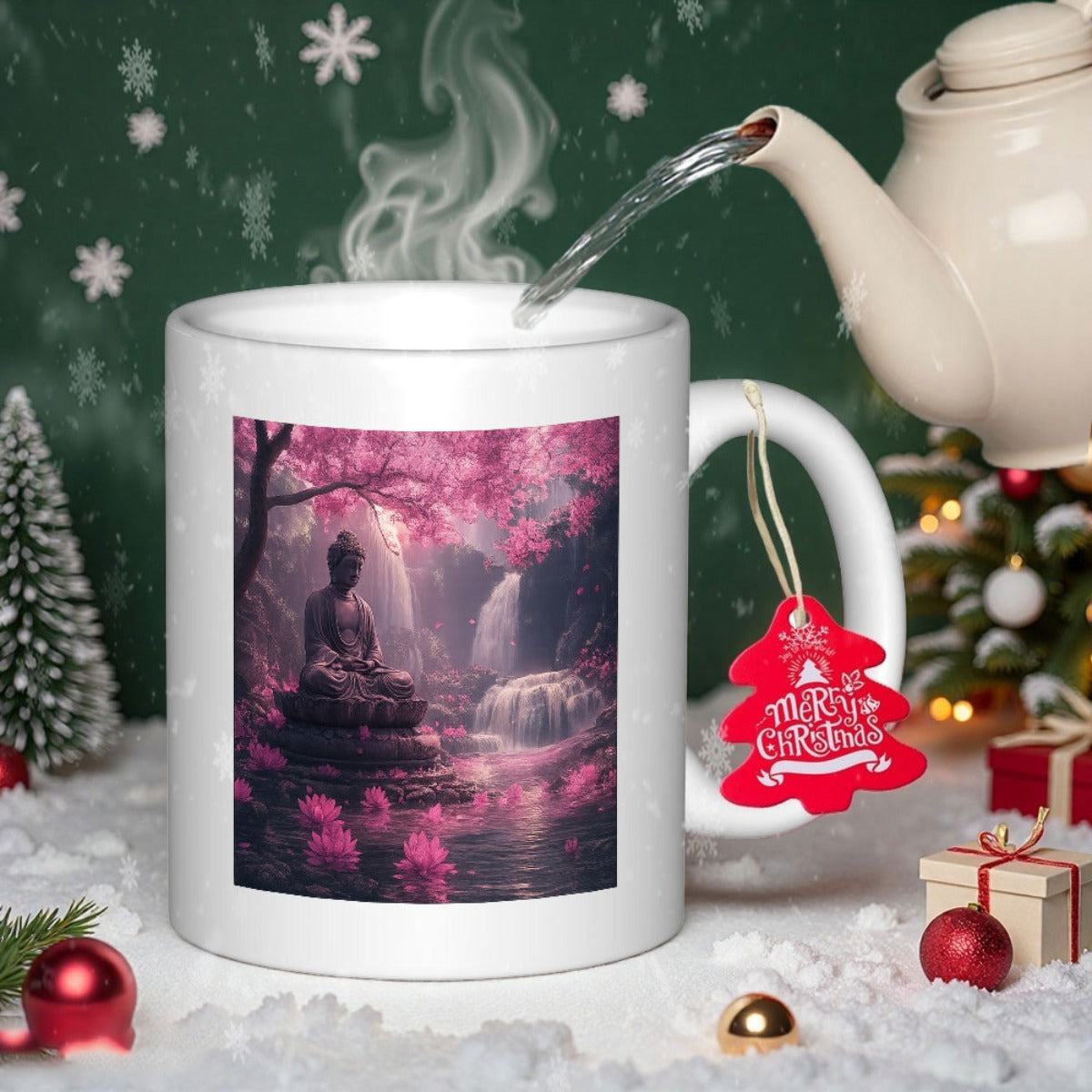 Tailorly White Ceramic 11 oz Mug - Serene Meditating Statue Under Pink Cherry Blossoms Near A Waterfall Scenic Buddha