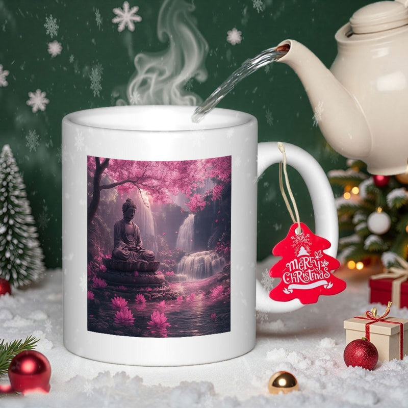 Tailorly White Ceramic 11 oz Mug - Serene Meditating Statue Under Pink Cherry Blossoms Near A Waterfall Scenic Buddha