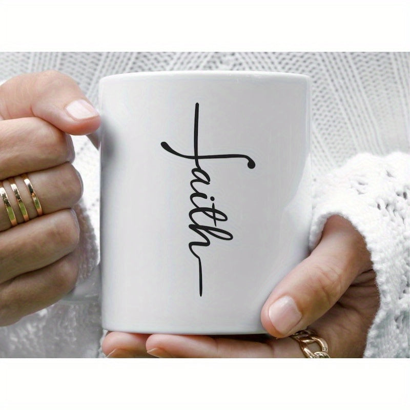 Tailorly White Ceramic 11 oz Mug - Faith Minimalist Elegant Cursive Script Design Forming A Religious Symbolic Cross Mug