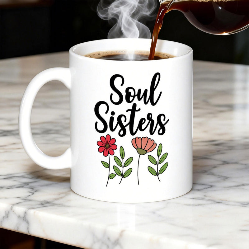Tailorly White Ceramic 11 oz Mug - Soul Sisters Delicate Blooming Flowers With Green Leaves And Artistic Script Flower